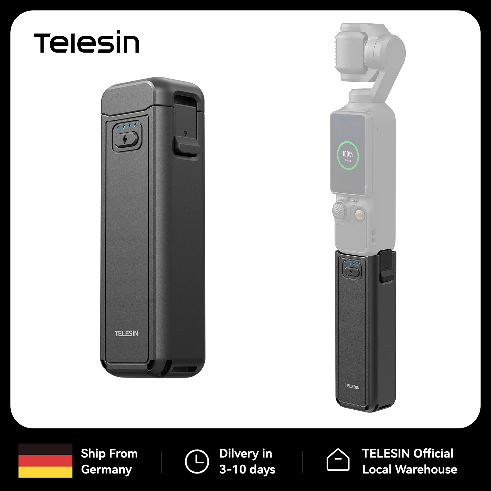 Uchwyt z baterią TELESIN 5000mAh do DJI Osmo Pocket 4 3, przedłużony uchwyt z funkcją ładowania podczas nagrywania, kompaktowy, idealny na podróże i vlogowanie, adapter z gwintem 1/4 cala.
