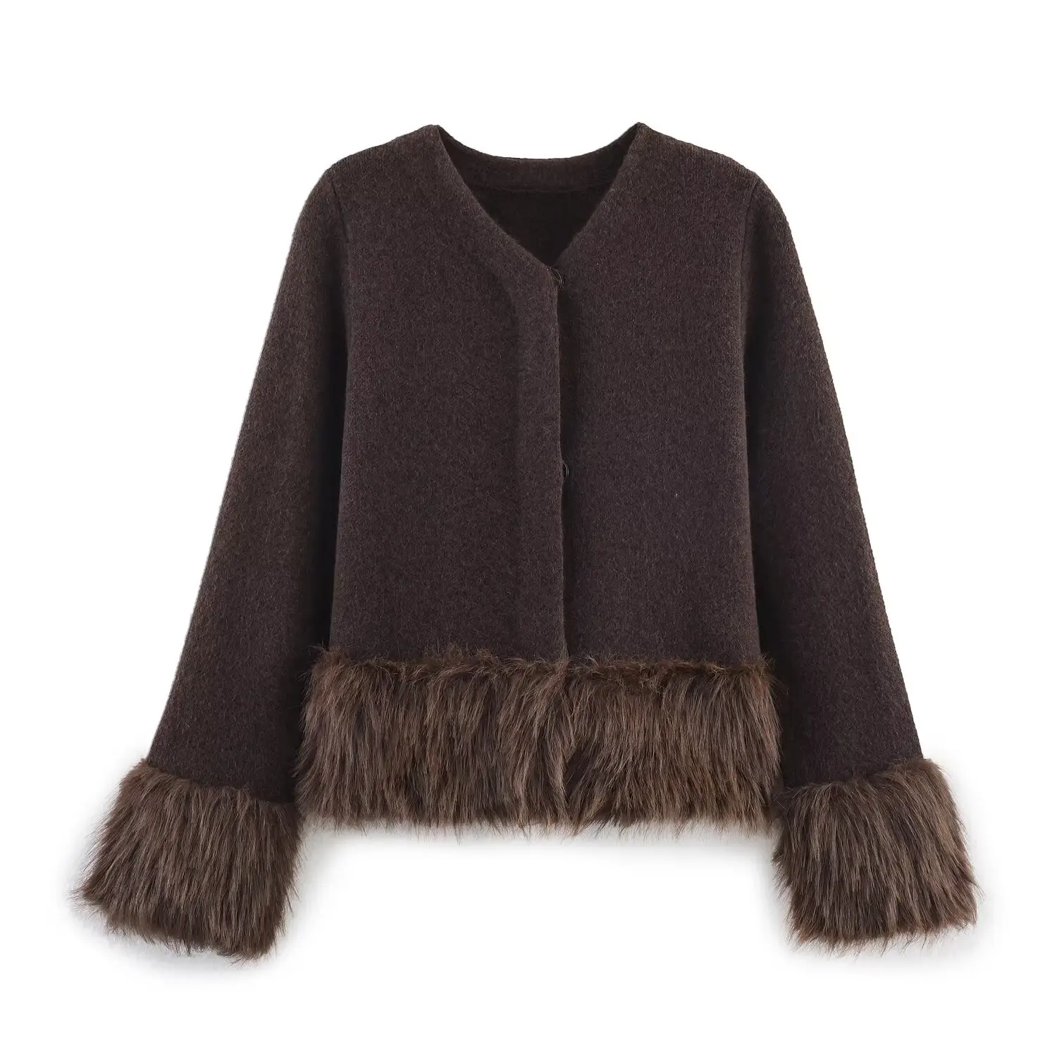 Autumn New Arrival Women's Faux Fur Effect Patchwork Knitted Jacket And Dress Set Long Sleeve round Neckline Euro Style Polye...