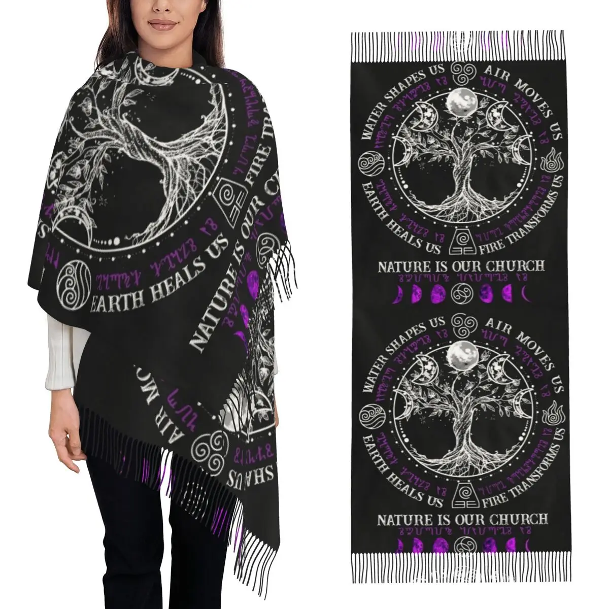 

Тройная луна с пентаграммой Triskelion, языческий викканский шарф, шарфы с кисточками, женские мягкие шали и накидки, большая осенне-зимняя шаль, накидка