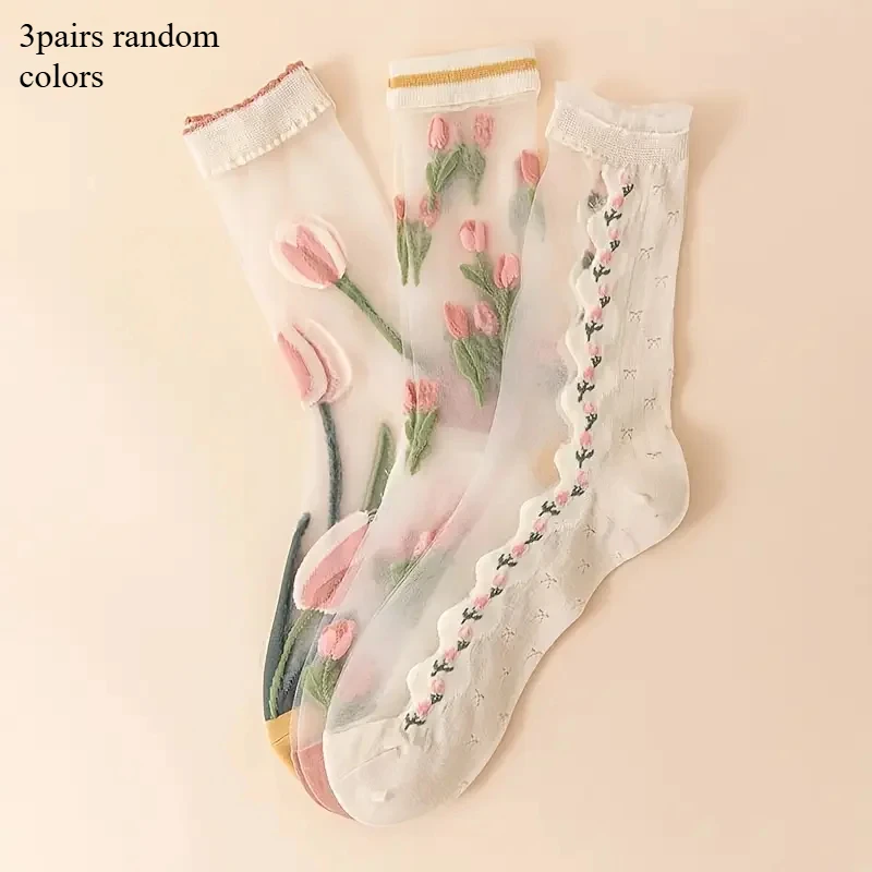 3 Paar hochwertige Glasstrümpfe mit Tulpenmuster in zufälligen Farben sind bequeme, weiche, atmungsaktive und niedliche lange Damensocken