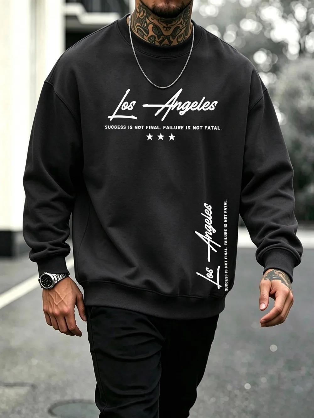 American Men's Autumn Gothic Los Angeles Letter Printed Soft and Comfortable Round Neck Long Sleeve T-shirt Outdoor Street Top
