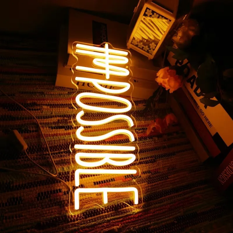 ไฟนีออนอักษรภาษาอังกฤษแบบกำหนดเอง HAPPOSSIBLE ไฟนีออน LED สร้างแรงบันดาลใจสำหรับตกแต่งห้อง ไฟคำศัพท์