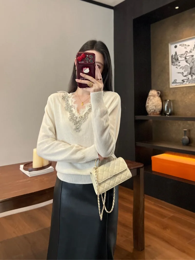 女性用Vネックルーズニットセーター,レース,コントラスト,ダイヤモンドトップ,秋冬ファッション,ソフト,2024