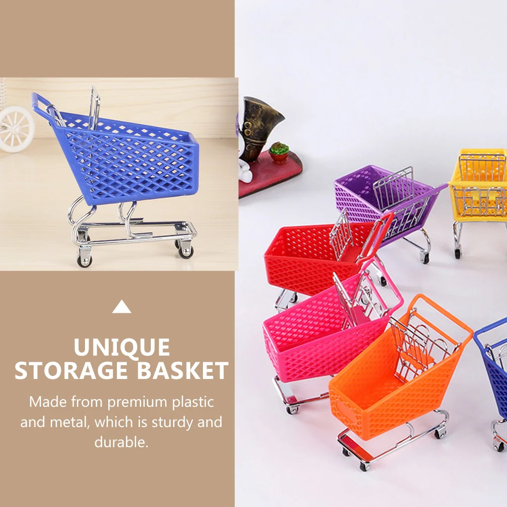 

2pcs Mini Shopping Cart Creative Storage Basket Desktop Organizer Sturdy Plastic Metal Supermarket Toy Adornment