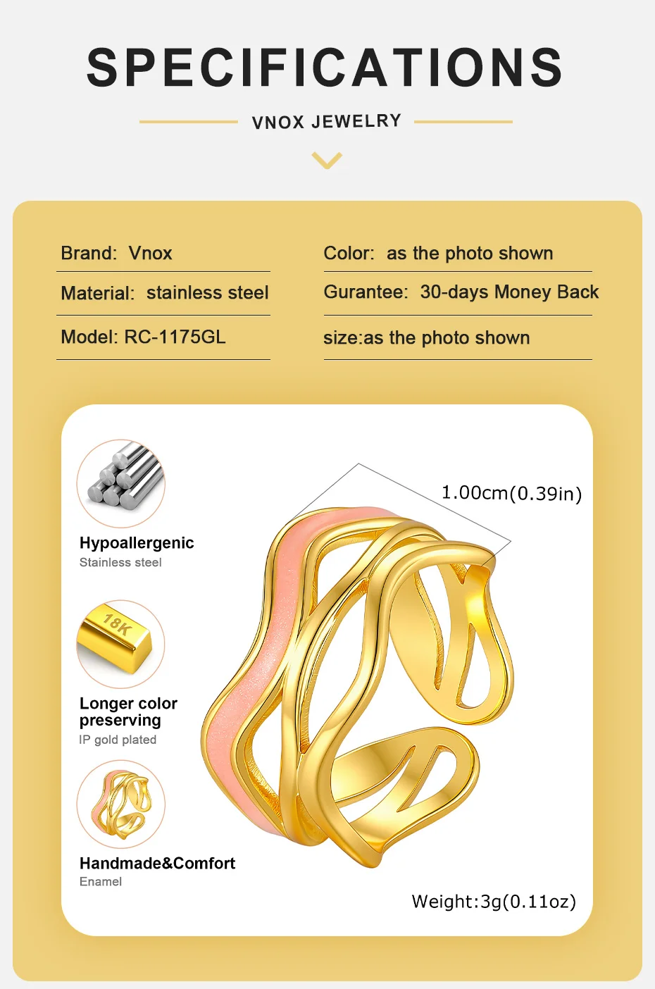 Vnox 18K PVD vergoldete gewellte Öltropfen-Offenringe für Damen, geometrischer, unregelmäßiger Emaille-Ring aus Edelstahl, eleganter Schmuck – Detail 4