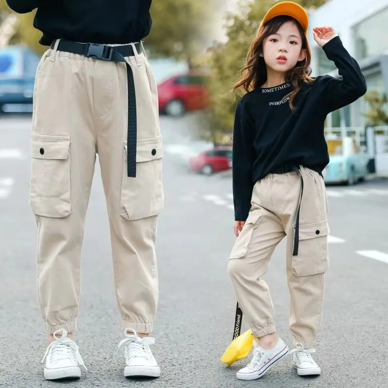 2024 New Fashion Cargo Pants for Girls Cool Trousers With Belt Loose Style Kids Cotton Sport Casual Pants Age 5 6 7 8 9 Year Old