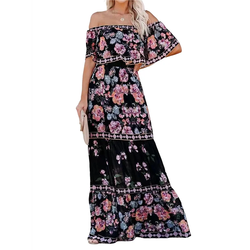 Abito messicano da donna, stampa floreale estiva, spalle scoperte, senza maniche, lungo da spiaggia, maxi Dress-A55G