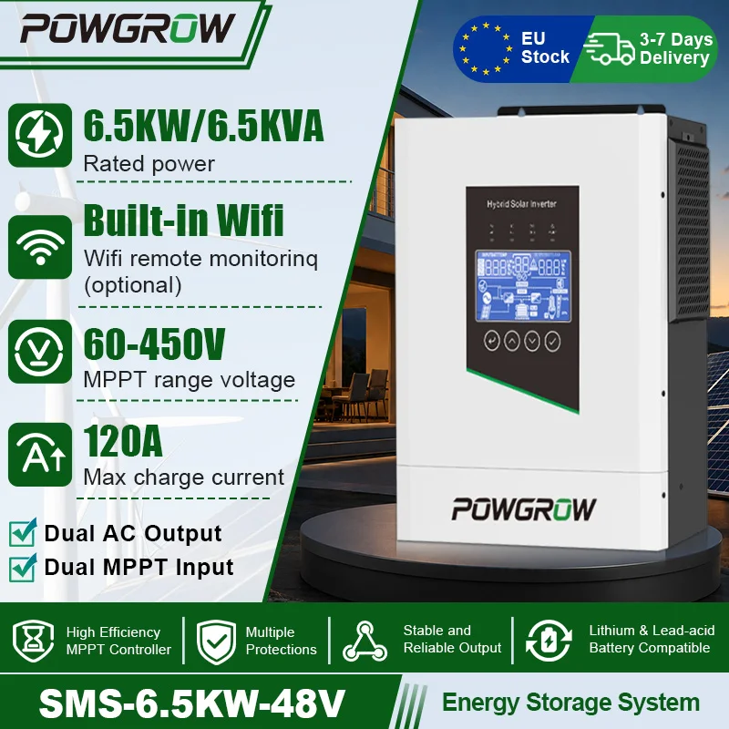 POWGROW 5KW Solar Hybride Omvormer Dubbele MPPT 24V 220V 160A Lader Max 500V PV Ingang BMS Bescherming Dubbele Uitgang