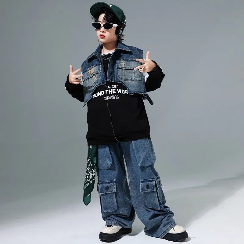 Kid Hip Hop Clothing Denim Blue Vest Jacket Long Sweatshirt Casual Multi Pockets Jeans Pants for Girl Boy Dance Costume Clothes