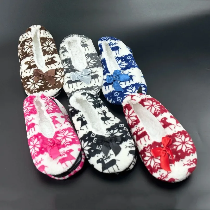 Winter Warm Slipper Women Bow Knot Snowflake Fur Skid Grip Cute Funny Indoor Home House Fluffy Shoe Female Floor Christmas