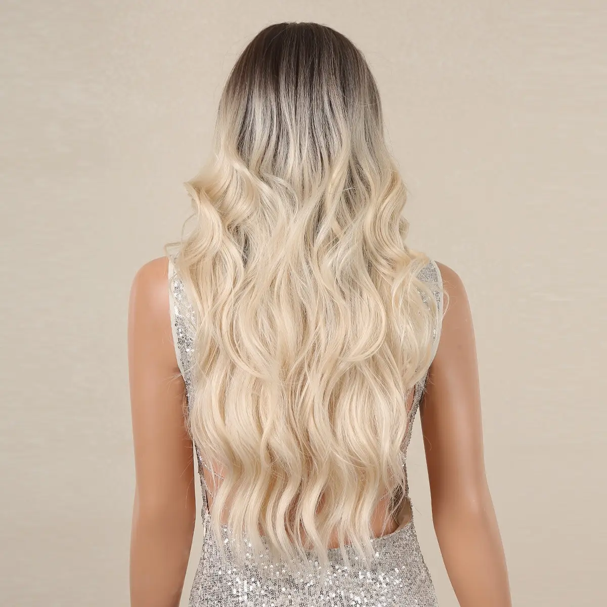 Perruque synthétique longue ondulée avec frange pour femme, cheveux bruns ombrés et blonds, perruques cosplay, degré de chaleur, utilisation 03