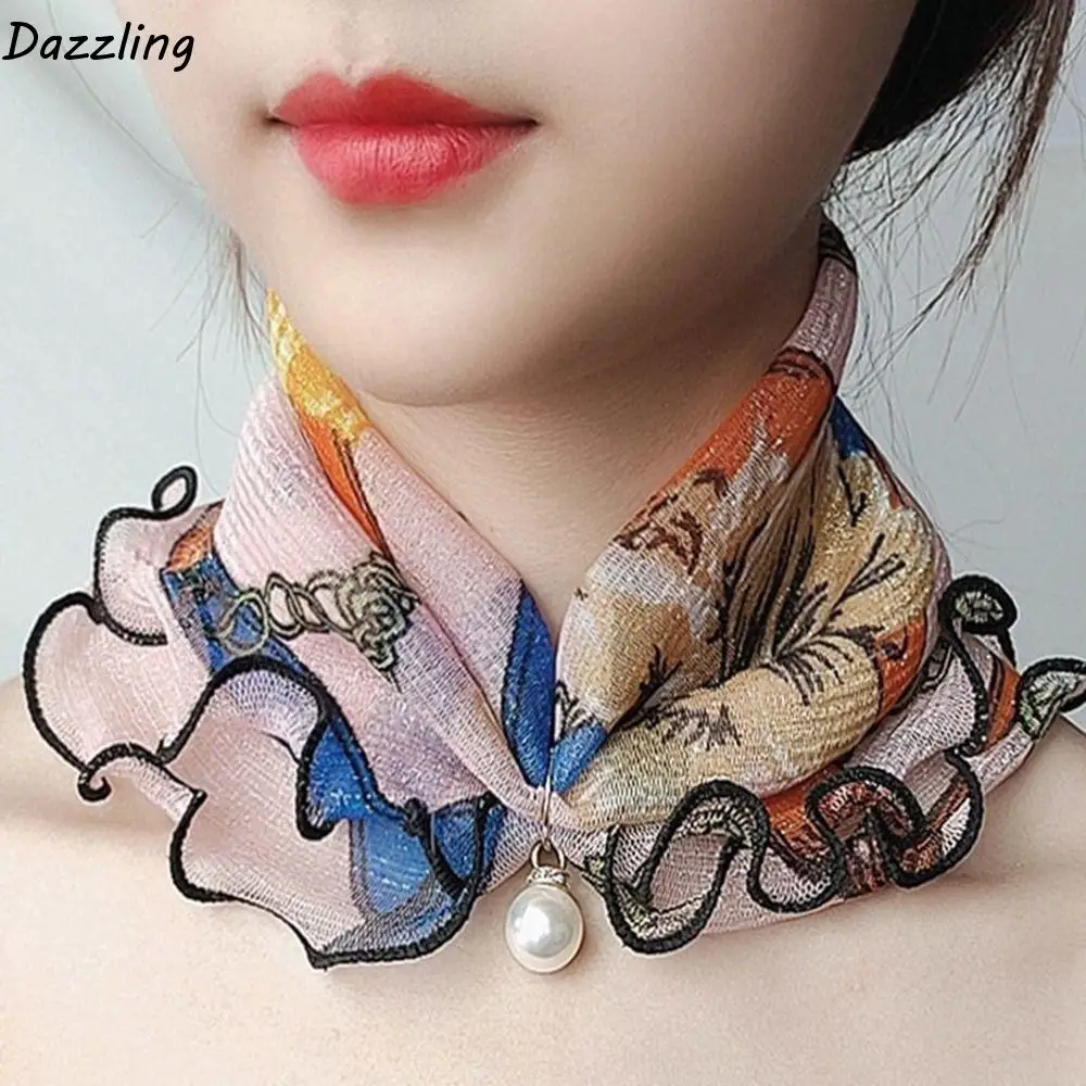 

Эластичная повязка для волос с принтом и рюшами в полоску, шейный платок с цветочным принтом, шарф с принтом, шарфы в корейском стиле, летний нагрудник, женская шаль