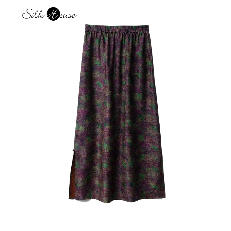 

Women's Fashion Autumn New 100% Natural Mulberry Silk Gambiered Guangdong Gauze Side Split Elastic Waist Print Straight Skirt