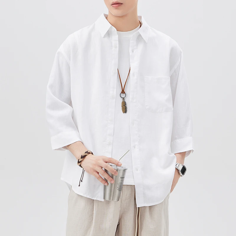 

Vintage Cool Drooping Shirts for Men Summer 7/10 Sleeve Simple Casual Loose Linen Blouses 24ss Y2k Youth Male Tops Plus Size 4XL