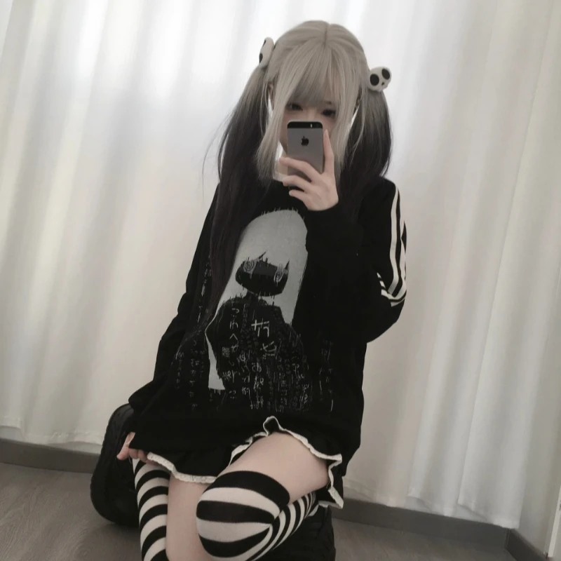 2025 Spring And Autumn Ladies Long Sleeves Y2k Top Original Two Dimension Cute Loose Stripe Sweatshirts Versatile Pullovers Girl