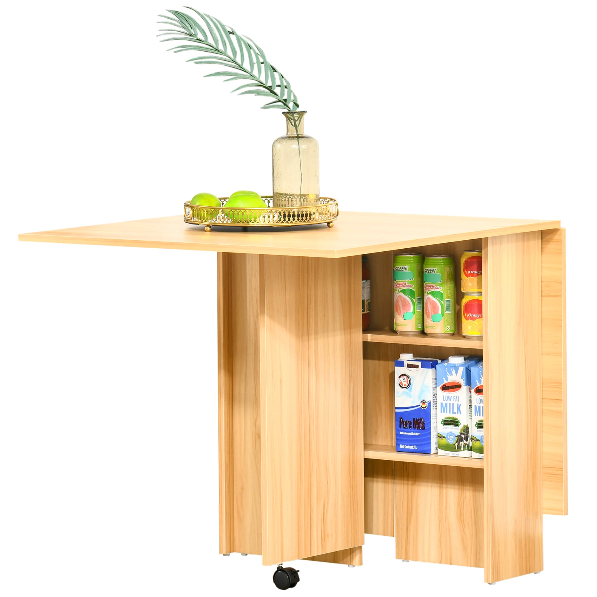 HOMCOM Mesa de Comedor Plegable Mesa de Madera con 2 Solapas 2 Estantes de Almacenaje y Ruedas para Cocina 80x140x74 cm Blanco