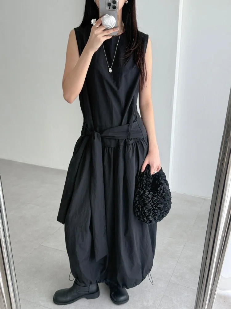 Ladies Summer New Style Korean Loose Fit Drawstring Vest Dress Women's Bellovi Long Skirt Waist Cinching Slimming Dress