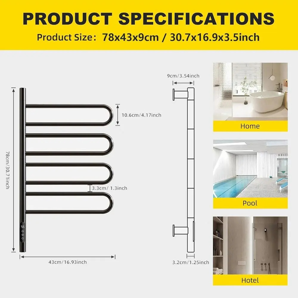 전기 타월 워머 회전 가능 180도 ° 타이머와 스마트 온도 조절 기능이 있는 타월 건조대, 전기식 타월 랙