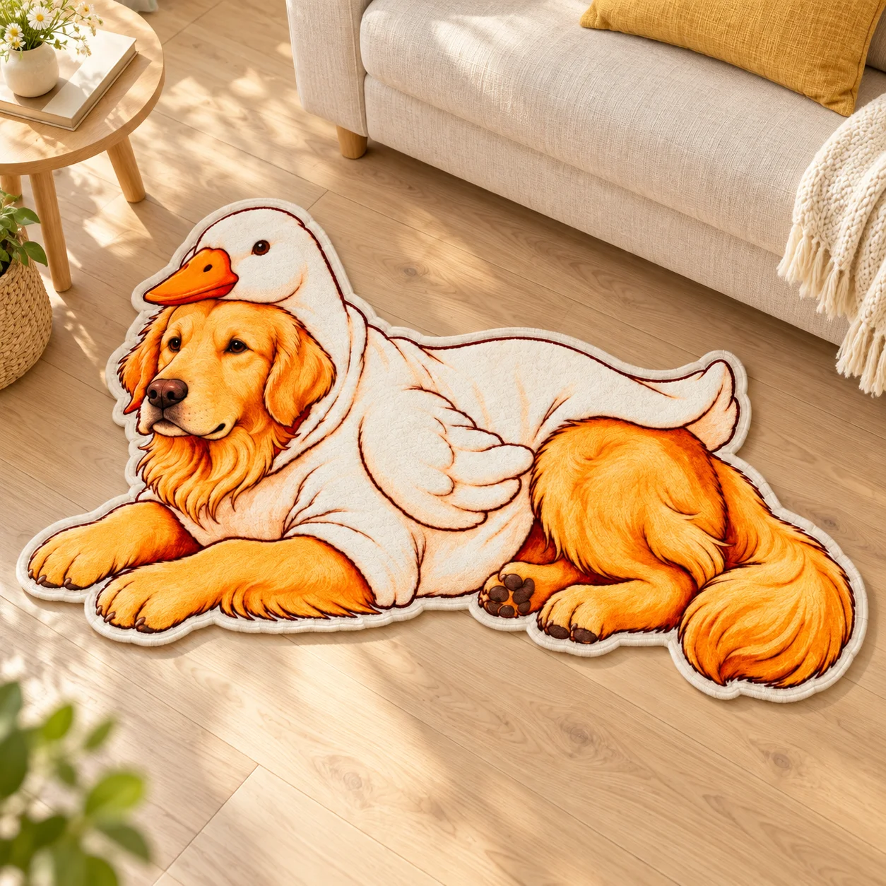 Cute Golden Retriever in Duck Costume Shaped Flannel Rug, Irregular Floor Mat for Bedroom Living Room Entryway Home Decor Gift