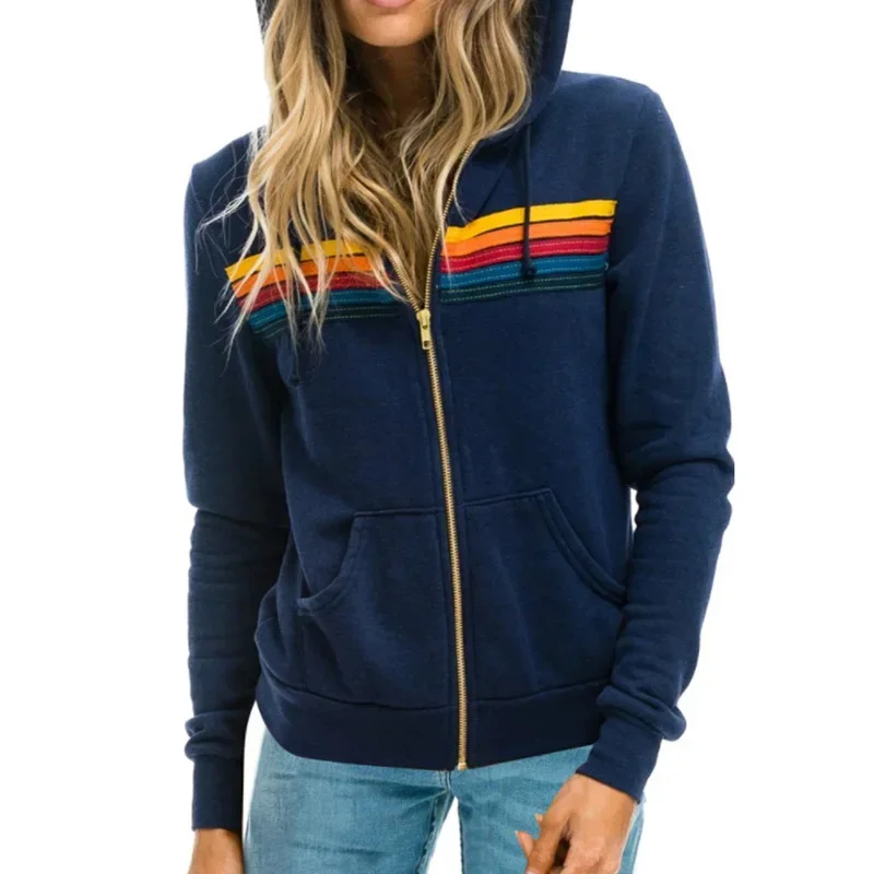 

Donsignet Women Hoodies Coat 2024 New Casual Rainbow Hooded Sweatshirts Fashion Zip-up Striped Cardigan Men Hoodies