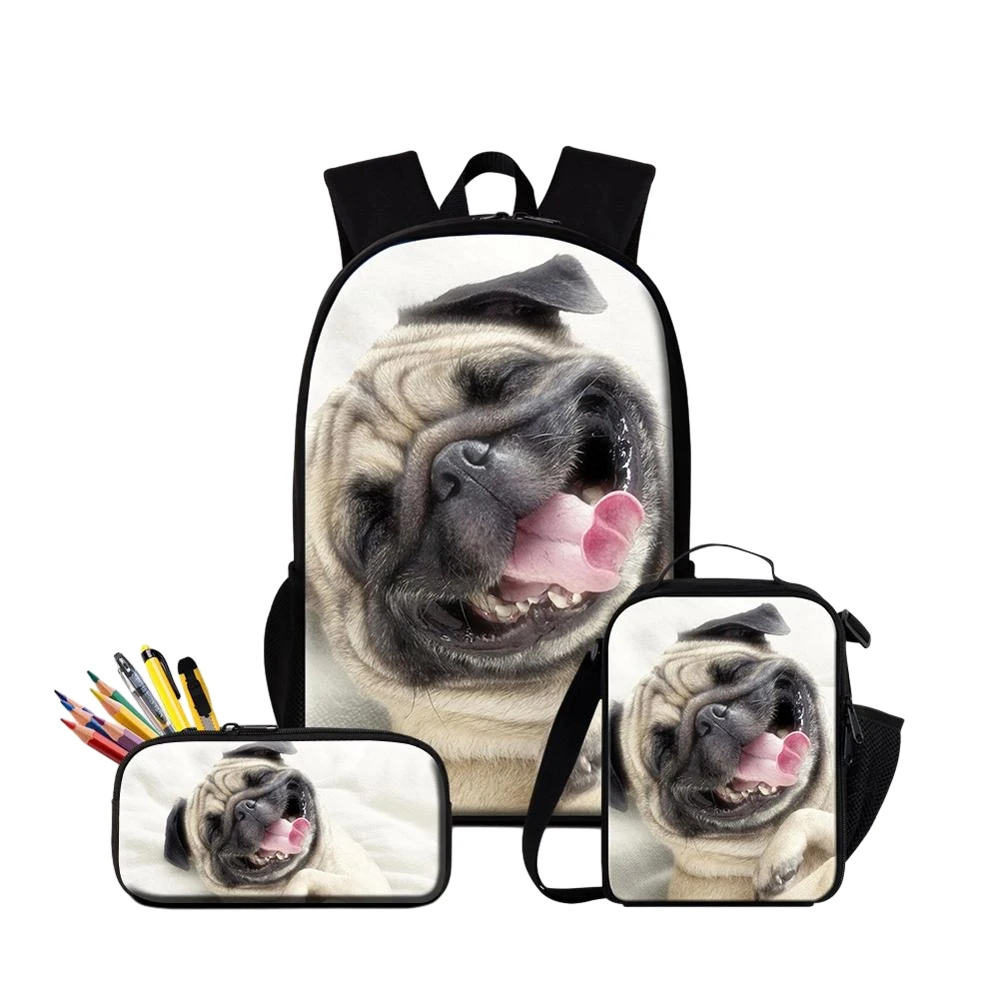 Pug anjing lucu 3 buah/Set ransel gambar hewan 3D tas sekolah untuk Remaja Mahasiswa kotak makan siang tas pensil ransel anak-anak