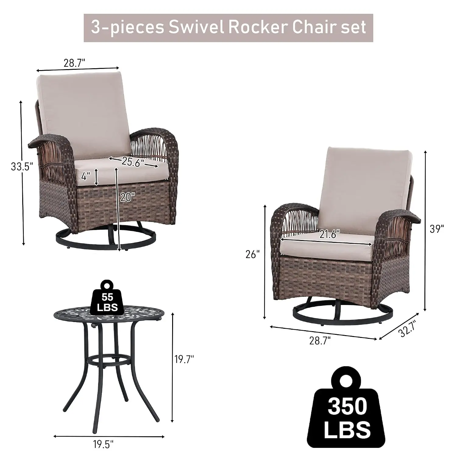 3-Piece Patio Swivel Rocker Chair & Table Set Outdoor Garden Balcony Furniture, Customized