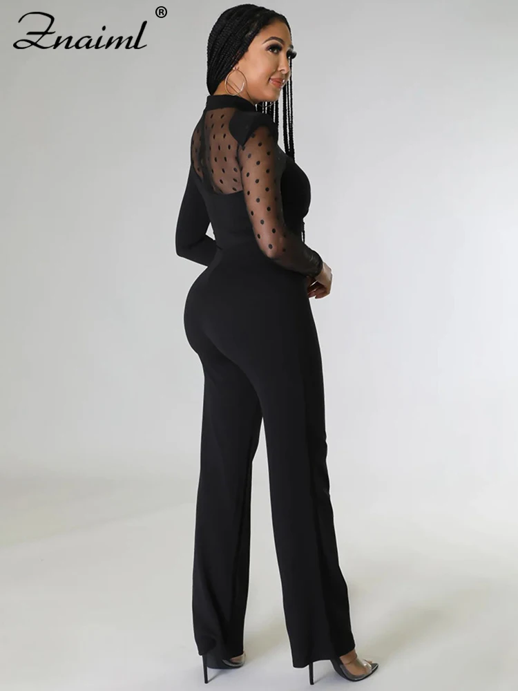 Znaiml Sexy Mesh Patchwork See Through Long Sleeve Straight Black Jumpsuit Women Wide Legs One Piece Rompers Office Lady Outfits