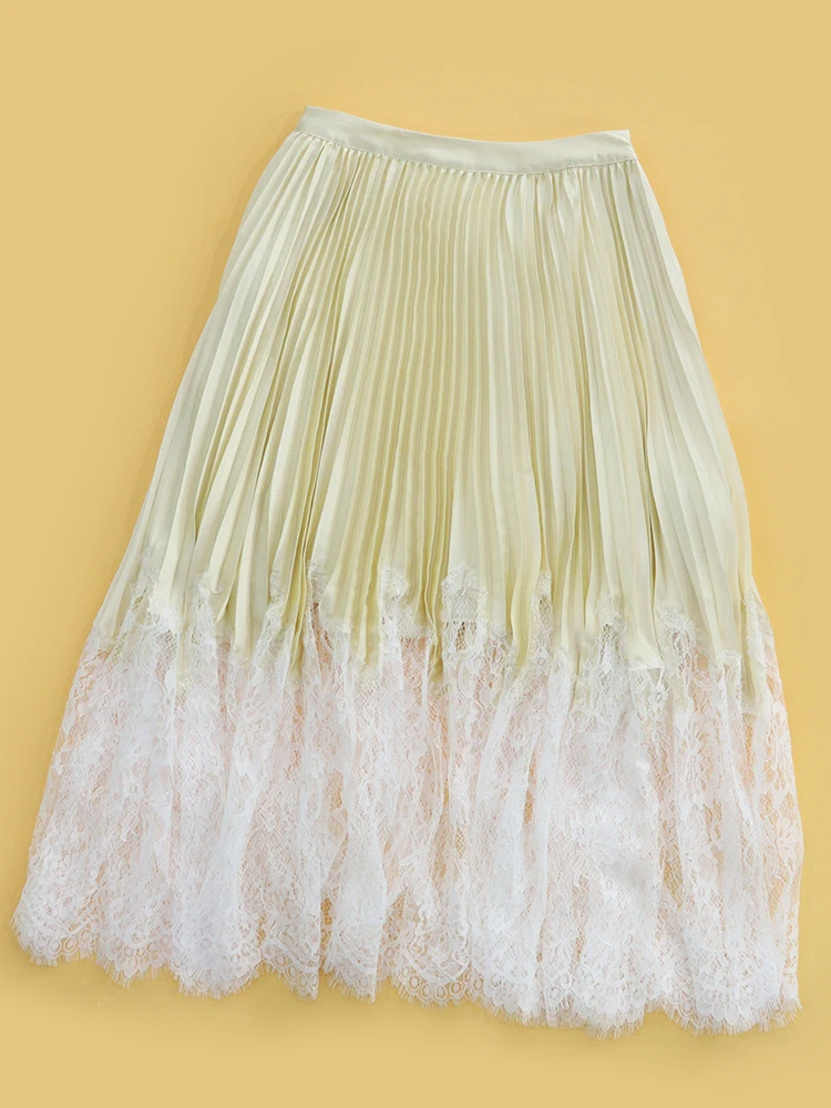 Yellow Lace Splicing Hem Midi Skirt HEIDD SP2026 Spring Summer Pleated Half-length Women's High Waist Polyester Fiber