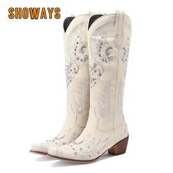 Western Cowboy Knee High Boots for Women Embroidery Flower Rhinestone White Brown Round Toe High Heels Retro Cowgirl Long Boots