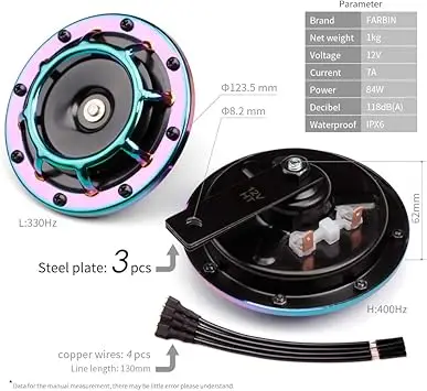Waterproof Car Horn Loud Super tone High Tone/Low Tone Metal Twin Horns Kit with Protective Grill (colour horn with harness an