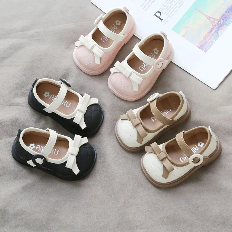 2024 Spring Summer Cute Bow Leather Walking Shoes Fashion Soft Soled Kids Sneakers Children Anti Slip Casual Shoes Zapatos Niña