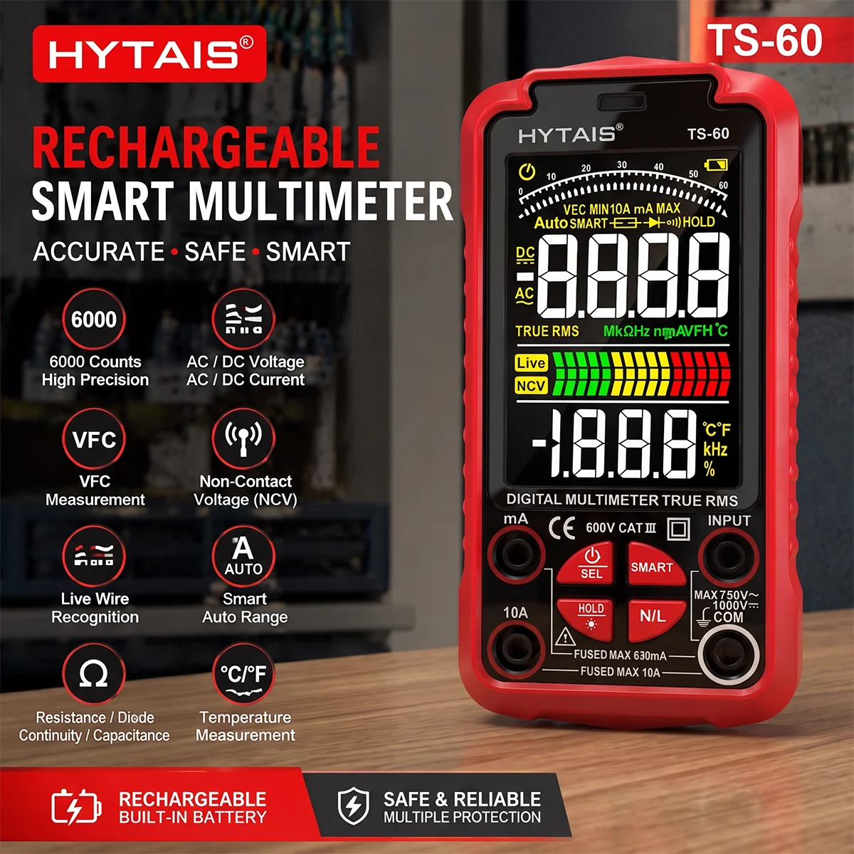 HYTAIS TS60 Smart Digital AC DC Multimeter 6000 Counts True RMS Auto Ranging Rechargeable Lithium Battery NCV Live Wire Detector