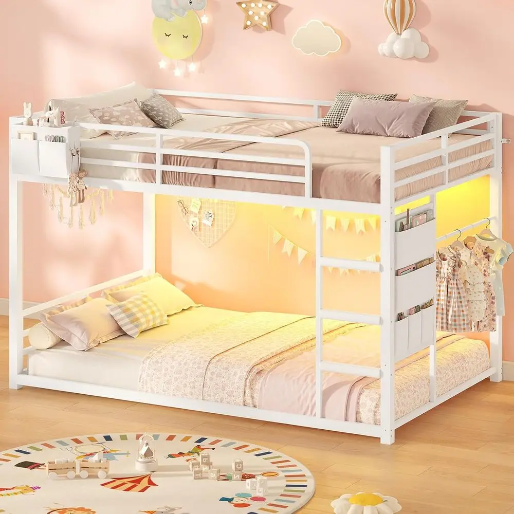 UPOSOJA Cama litera para niños con luces LED, blanca | Barandilla metálica de 13 pulgadas, escalera de 3 escalones, ahorra espacio o es ideal para niños y adolescentes