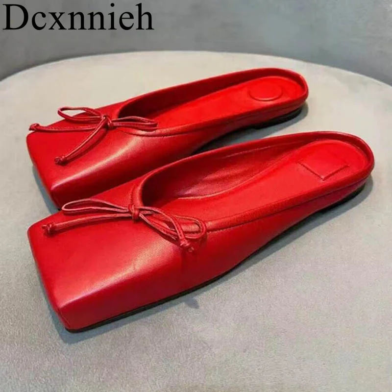 

Solid Colour Bow Decoration Flat Slippers Women Square Toes Soft Genuine Leather Mules Spring Autumn Outdoor Vacation Shoes