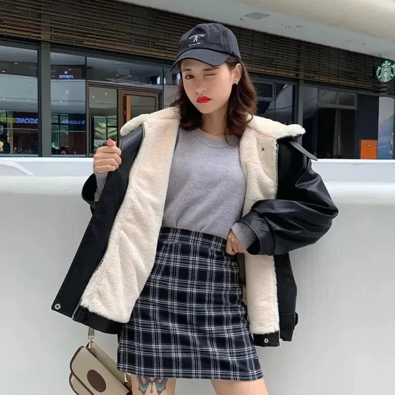 2025 หญิงหลวมซิปหนัง Outcoat ผู้หญิงเกาหลี Patchwork เสื้อหนัง Faux ฤดูใบไม้ร่วงฤดูหนาวผู้หญิงกํามะหยี่ PU หนังแจ็คเก็ต