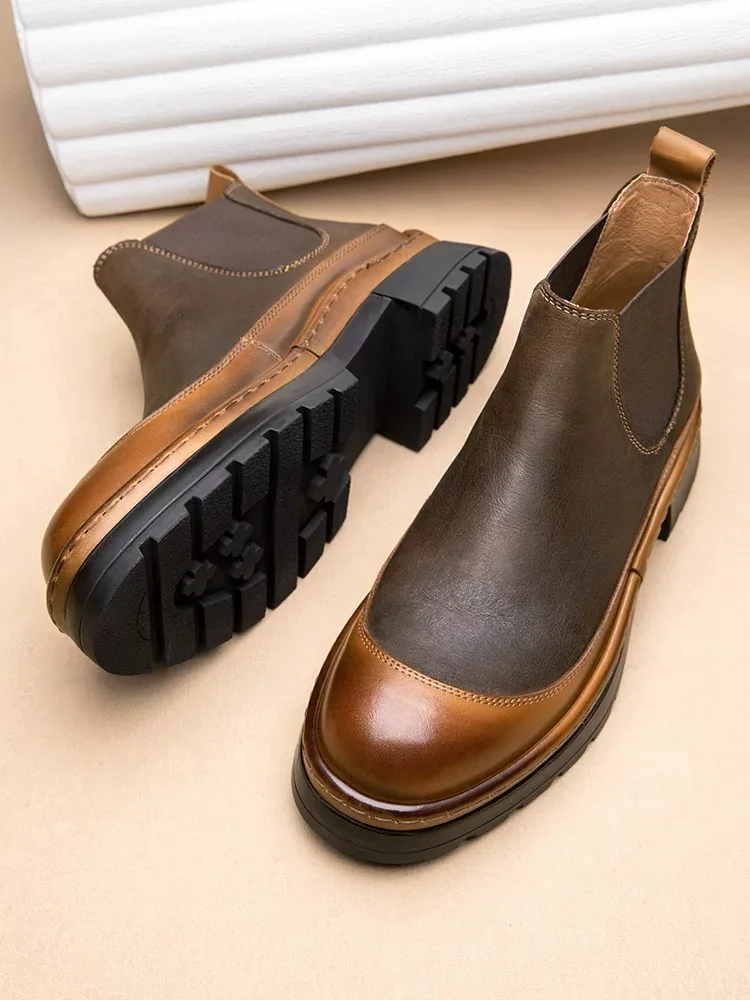 

Mature Businessman Leather Slip On Ankle Boots Successful Men's Height Increasing Office Upper Class Dinner Party Suit Shoes