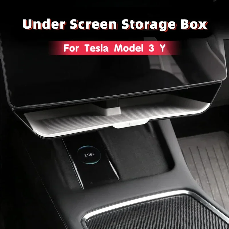 Caja de almacenamiento debajo de la pantalla para Tesla Model 3 Y, organizador de doble capa para consola central, TPE + ABS, accesorios para coche,