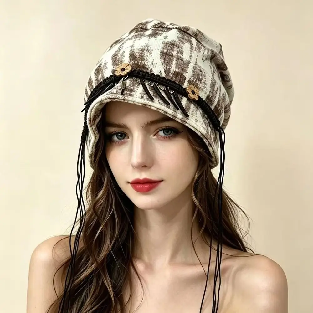 Elegant Retro Ethnic Stye Beanie Tassel Boho Slouchy Skull Cap Lightweight Comfortable Loose Stretch Hat Wrap Bad Hair Days