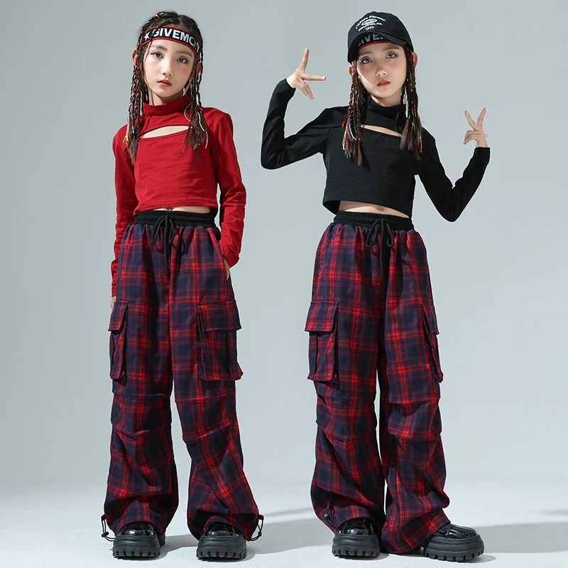 Group Kpop Girls Jazz Dance Clothes Long Sleeves Tops Checked Pants Kids Hip Hop Practice Performance Clothing Rave Wear BL13624