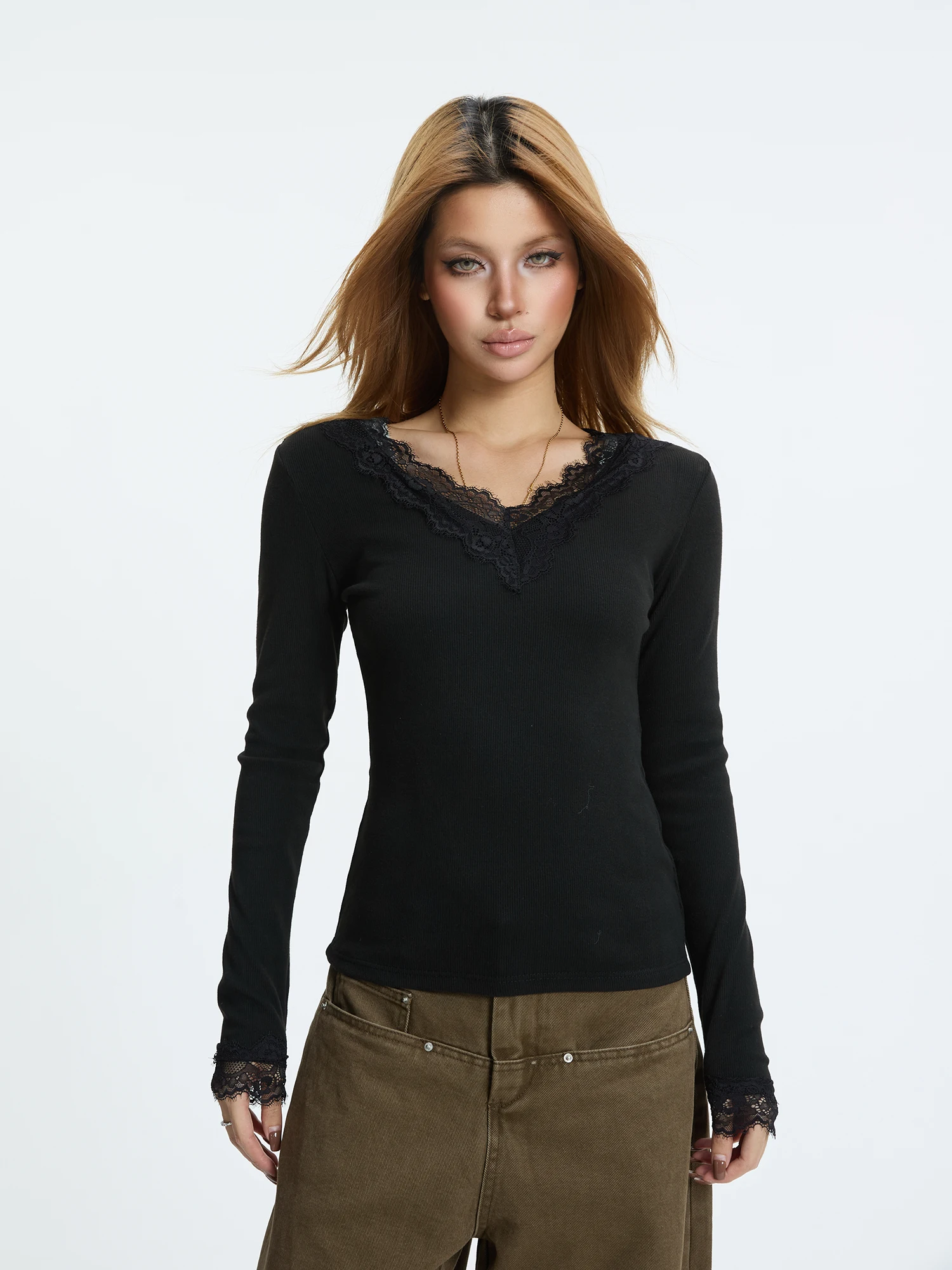 

Ретро американская кружевная бархатная футболка Long Sve Base irt с v-образным вырезом, женская весенне-осенняя внутренняя одежда, длинный топ све