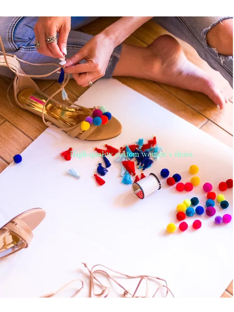 Decorated With Colorful Pom-Poms Round Toe Handmade Luxury Sandals Chunky Heels And  Retro-Style Banquet Women's Shoes view 2