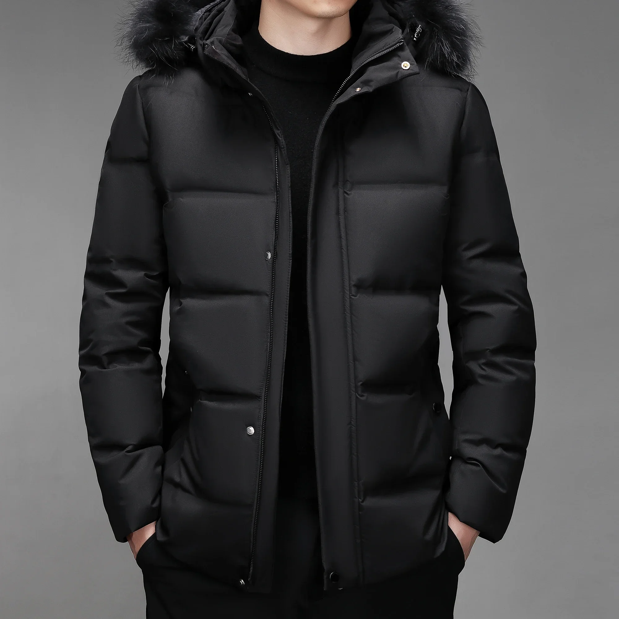 High-end Down Jacket Men\'s Winter Fashion Classic Wool Collar Hooded White Duck Down Warm Coat Business Middle-aged Short Parka