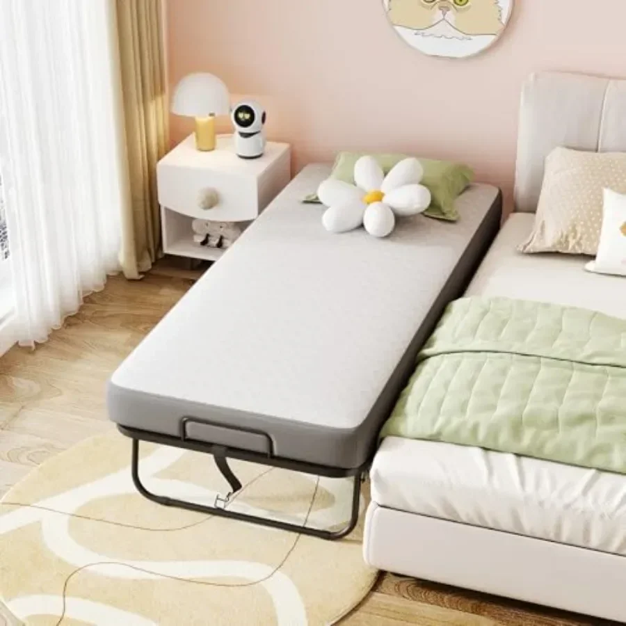 Folding Bed with Memory Foam Mattress, 75 x 31 Portable Rollaway Guest Bed for Adults, Space-Saving Luxury Single Bed with Stur