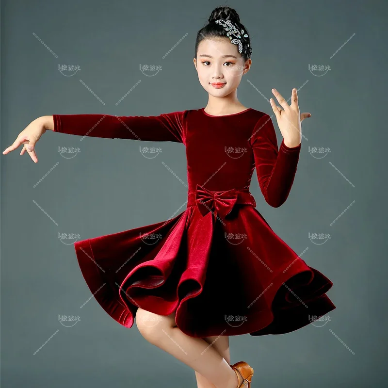 Children's New Latin Dance Dress, Long Sleeved Girl Stage Performance Competition Training Dress