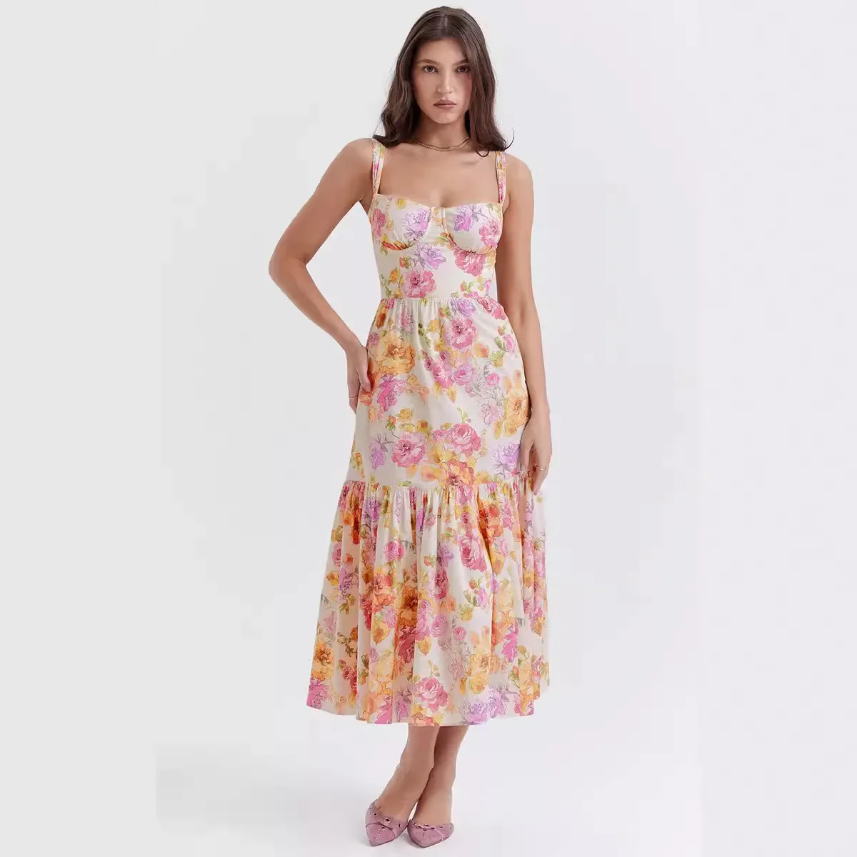 Women's New Sweet Spice Girl Wind Slip Dress Fashion Square Collar Solid Color A-line Broken Flower Cake Dress Vestidos Y2k