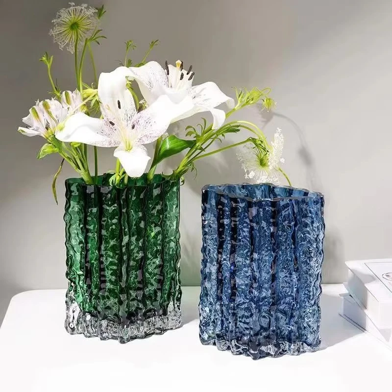 Deep Blue Glacier Textured Glass Vase, Handmade Cylindrical Art Flower Vase for Living Room Tabletop Home Decor