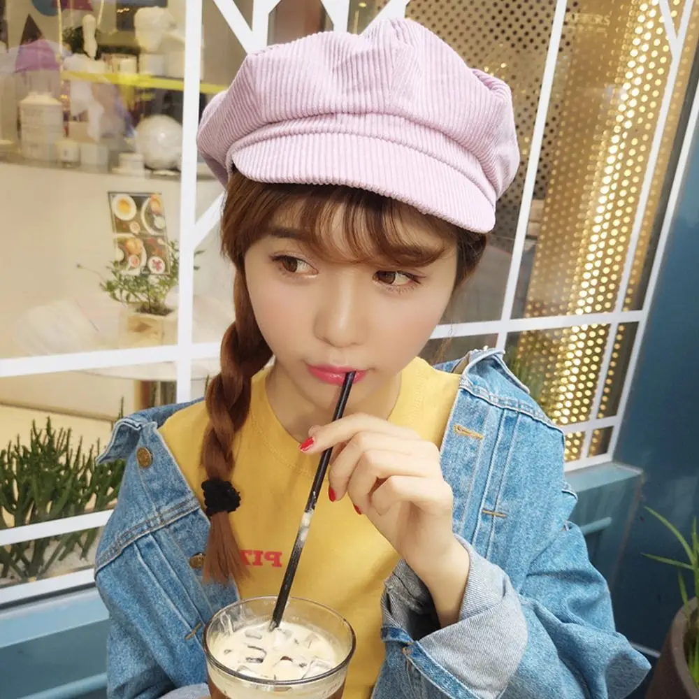 หมวกเบสบอลผ้าลูกฟูกแนววินเทจรักษาความอบอุ่นหมวกเบเร่ต์จิตรกรหมวกกันลมหนังสือพิมพ์สำหรับผู้หญิงหญิงสาว