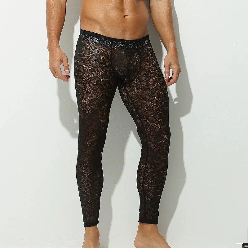 pants Black lace men's leggings single piece tight ultra-thin elastic ice silk fully transparent transparent fitness shorts