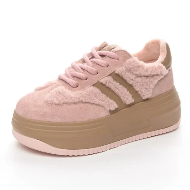 Chaussures à plateforme en cuir véritable rose naturel pour femmes, chaussons de rinçage confortables, respirants et décontractés, chauds et en peluche, mode, hiver et automne, 6cm