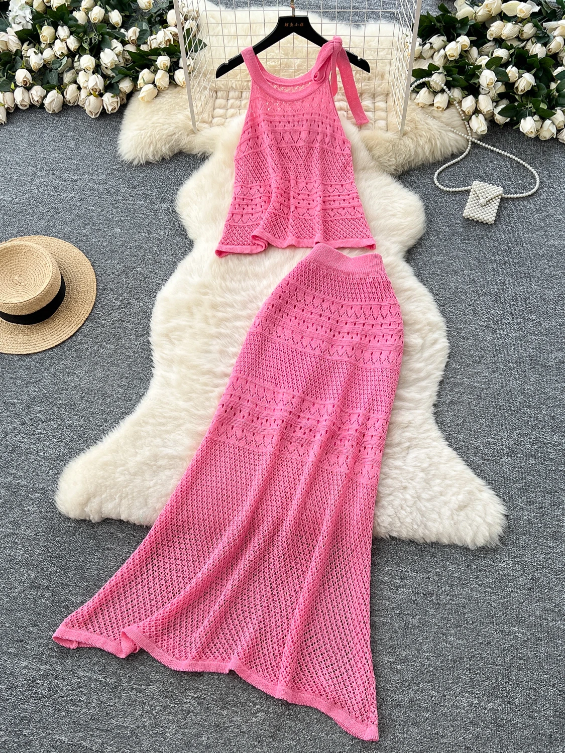 

Korean Sle Women's Summer Clothing Gentle Sle Svel Ne Hanging Strap Hollow Knitted Vest High Waist Bodycon S...